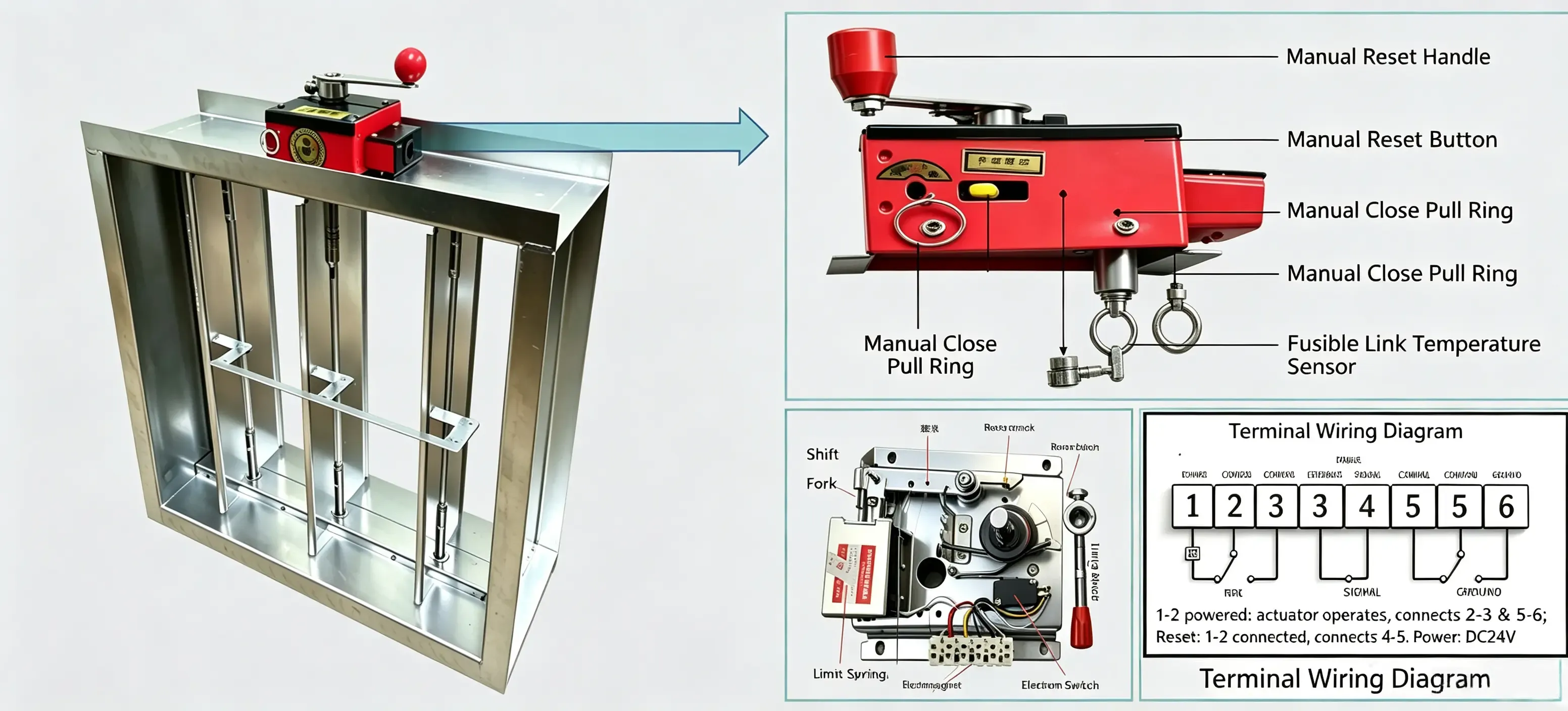 70°C fire damper — fusible link and manual reset shown